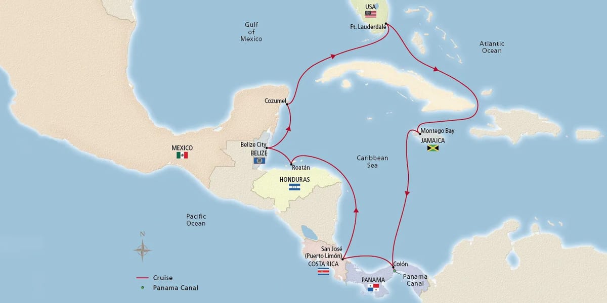 Map of Panama Canal & Central America itinerary