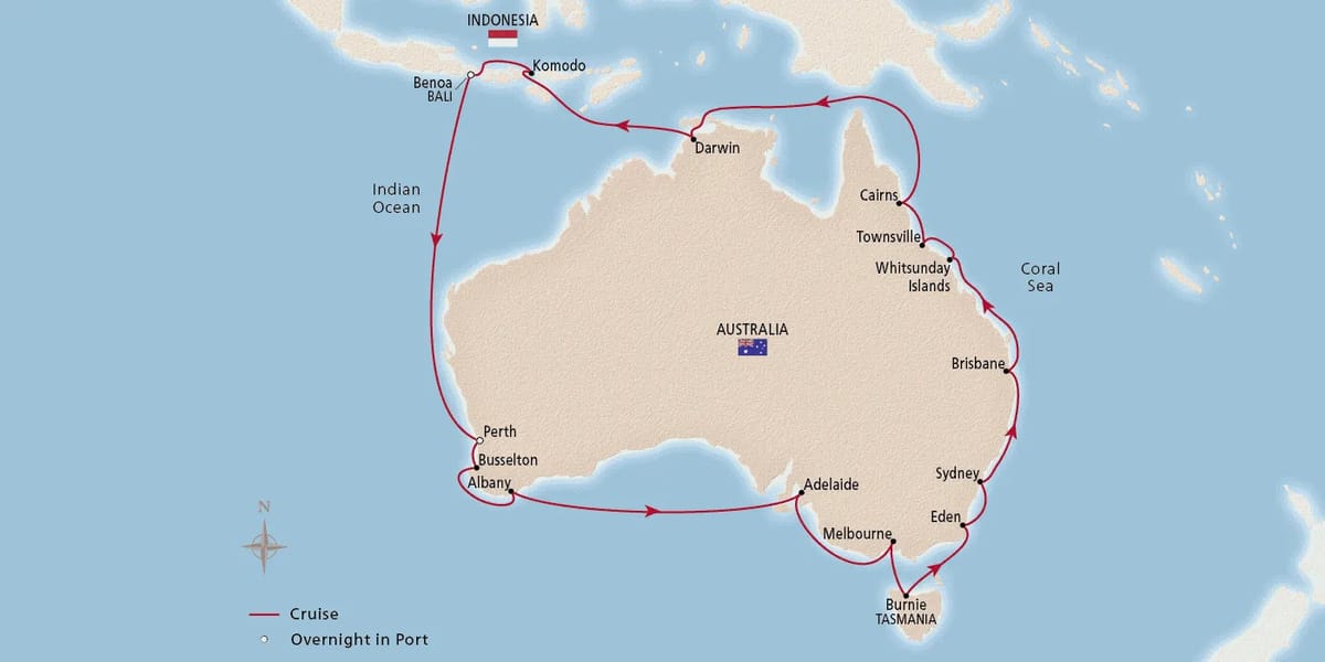 Map of Grand Australia Circumnavigation itinerary