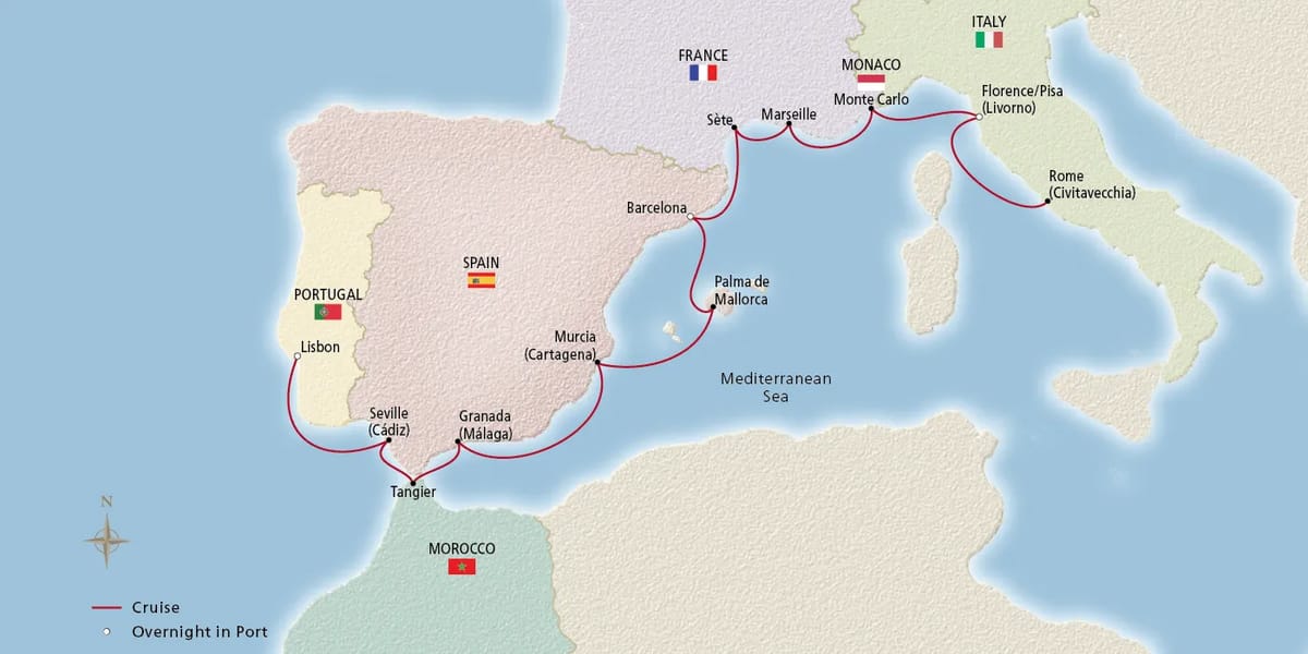 Map of Spain, Portugal & the Mediterranean itinerary