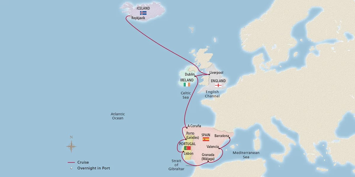 Map of Iceland, British Isles & Iberia itinerary